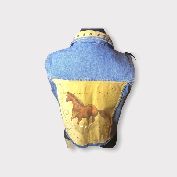 COPY - Patricia Wolfe Artist Hand Painted Horse Denim and Suede Vest - Picture 4 of 10